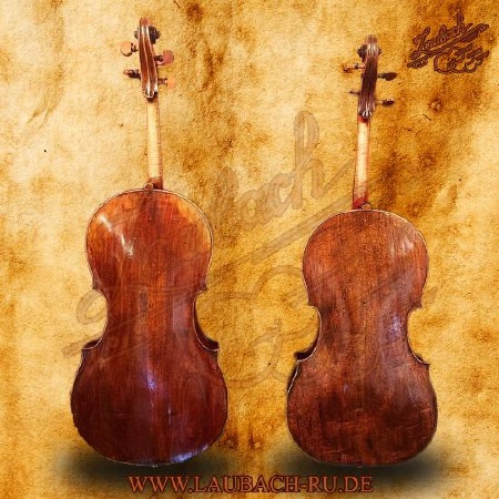 Две оригинальные виолончели Франческо Руджери. Заметна разница в первоначальном и последующем размере корпуса виолончелей.